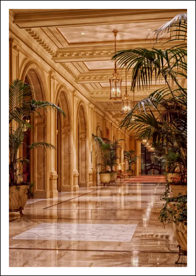 A large hallway with many plants in it